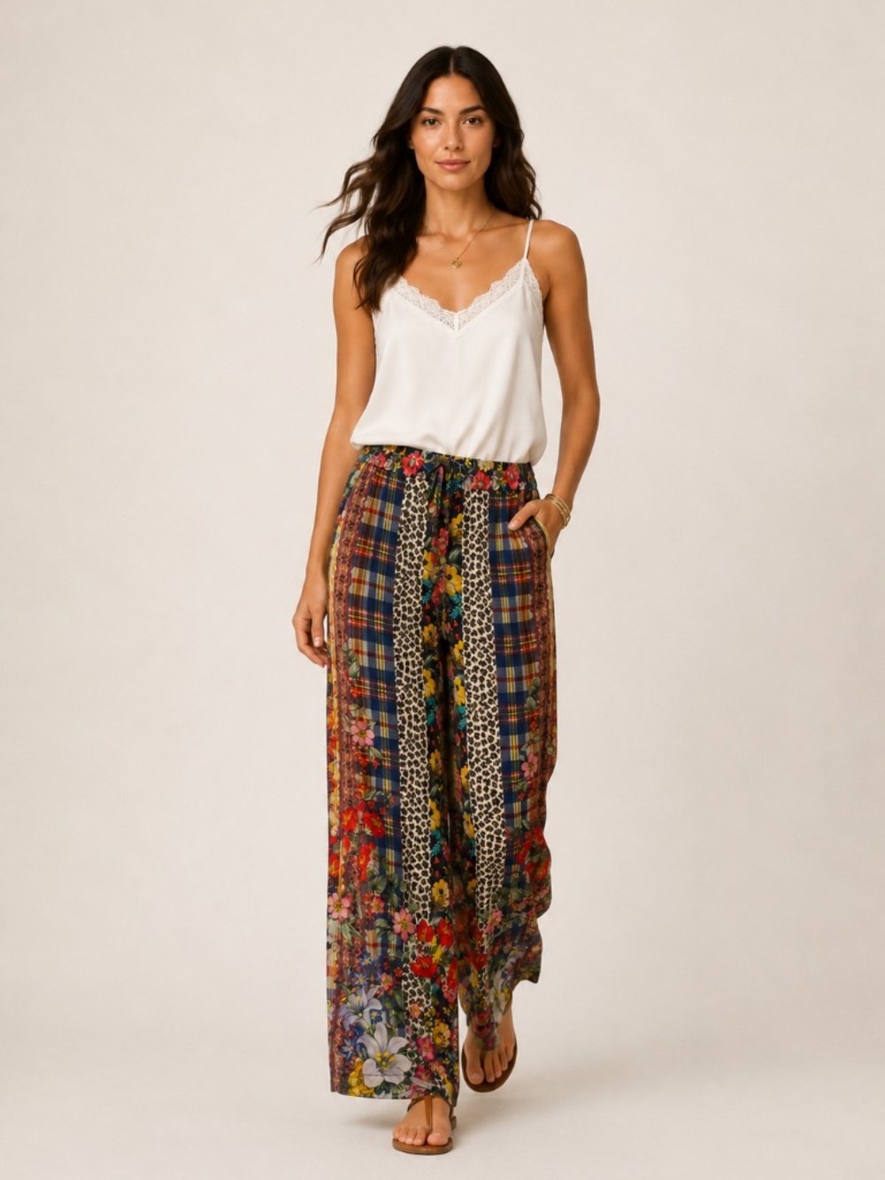 Johnny Was Ekon Silk Patchwork Floral Wide Leg Pants XS